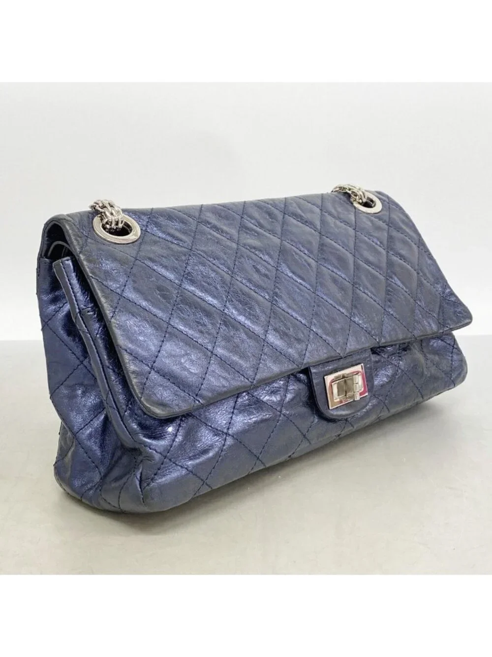 Chanel Shoulder Bag 2.55 Quilted Calf Metallic Navy Silver